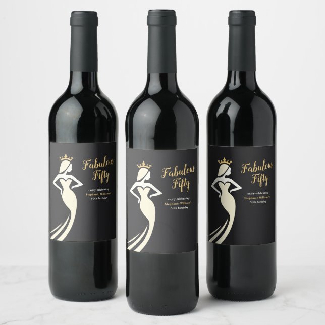 Fabulous Fifty Queen Golden Black 50th Birthday Vinflaska Etikett (Flaskor)
