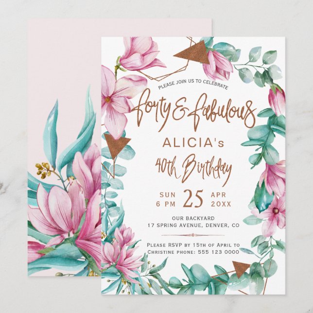 Fabulous Forty akvarell blommig 40-årsdag Inbjudningar (Fram/baksida)