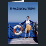 Fabulous Friend Retro Birthday Dam Nautical Hälsningskort<br><div class="desc">Ändra meddelandet om du vill att den här återkvinnan ska stå på ett hälsningskort på båtdäck.</div>