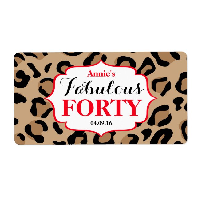 Fabulous Fyrty Birthday Red Leopard Vattenflaska Fraktsedel (Framsidan)