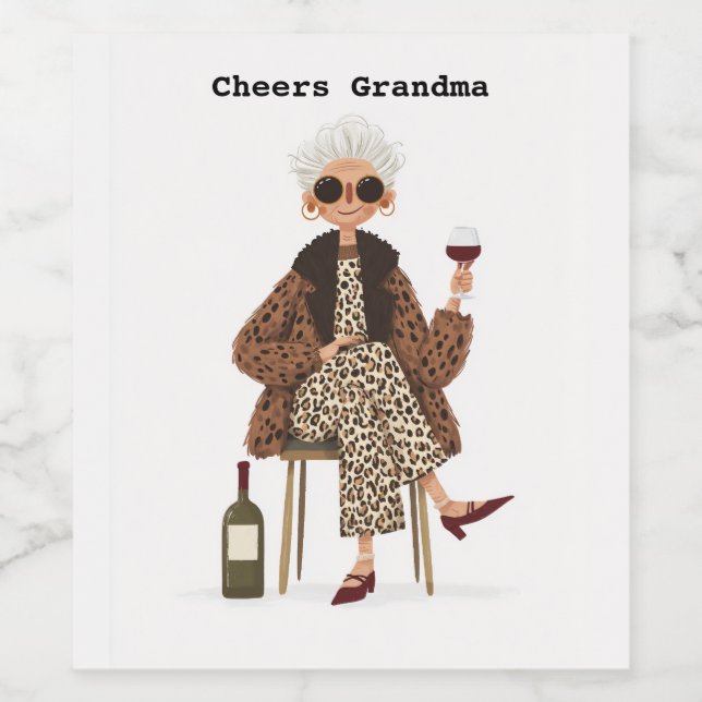 Fabulous Grandma in Leopard Stil Vinflaska Etikett (Singel etikett)