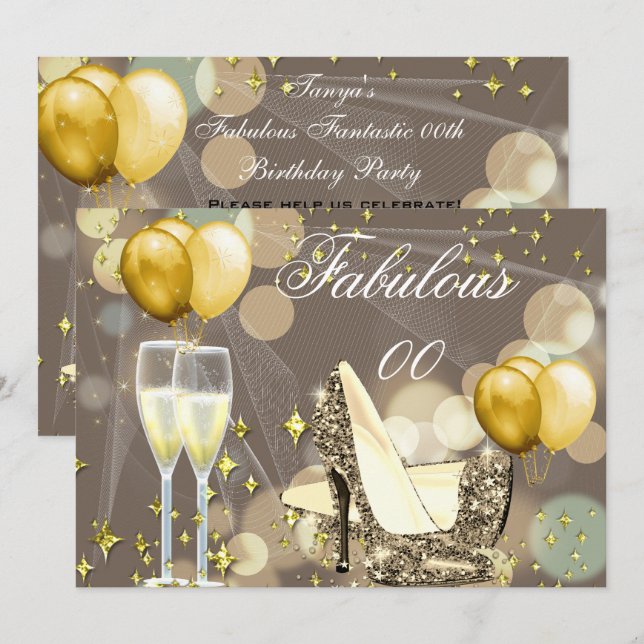 Fabulous Guld Beige Champagne Födelsedagsfest 2 Inbjudningar (Fram/baksida)