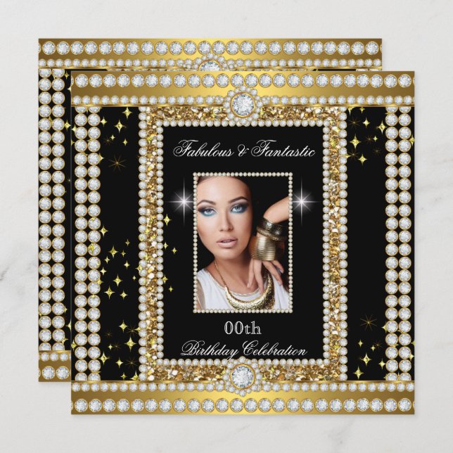 Fabulous Guld Black Glamor Photo Diamond Party Inbjudningar (Fram/baksida)