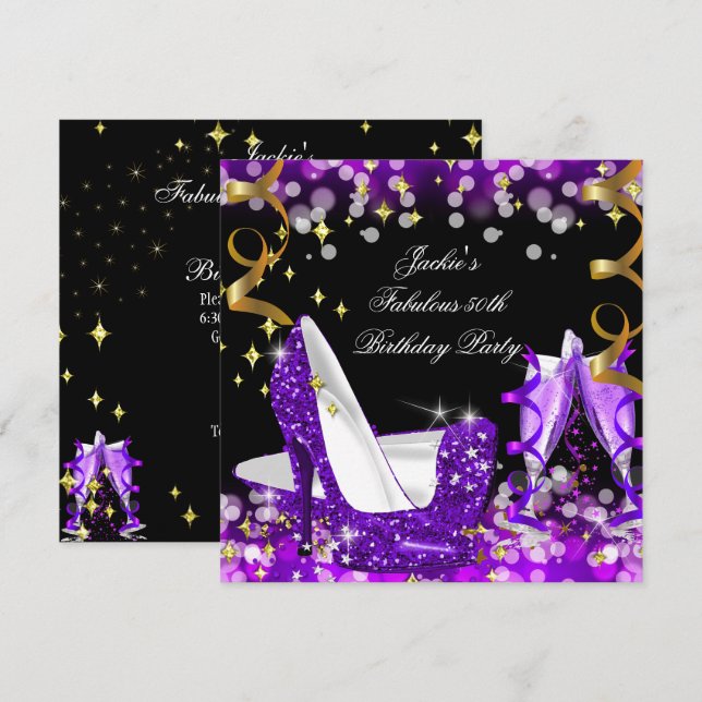 Fabulous Lila Glitter High Heel 50:e födelsedagen Inbjudningar (Fram/baksida)