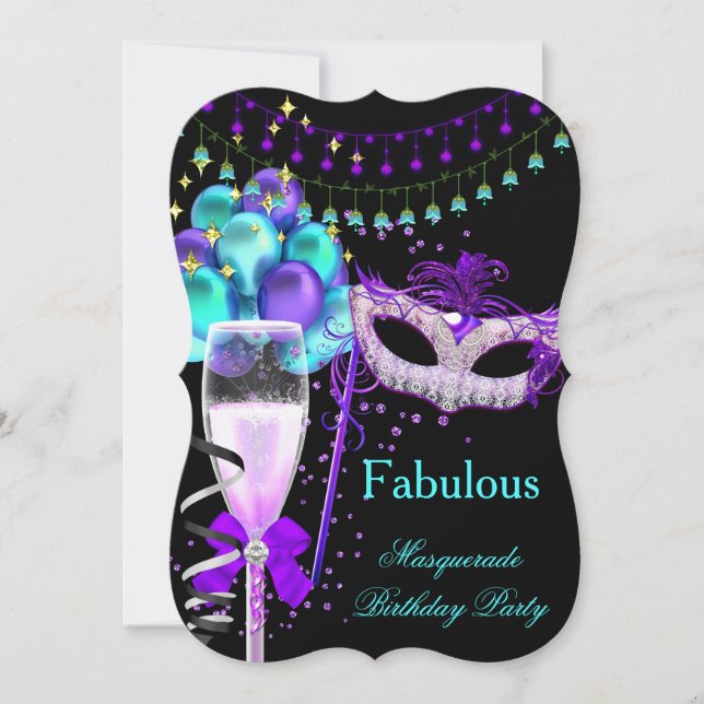 Fabulous Lila Teal Black Masquerad Party 3 Inbjudningar (Framsida)