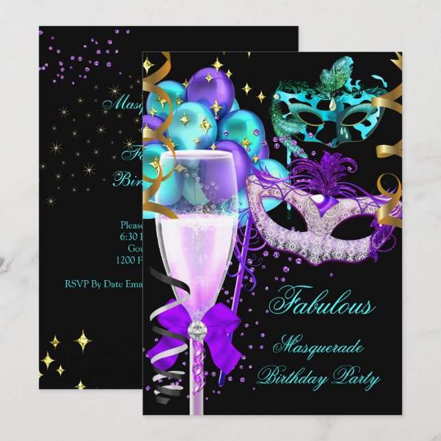Fabulous Lila Teal Black Masquerad Party Inbjudningar (Fram/baksida)