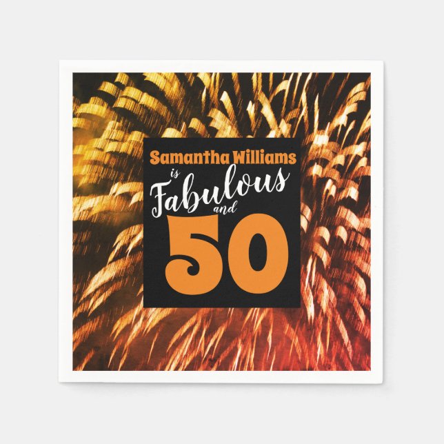 Fabulous och 50 Fireworks Orange Birthday Pappersservett (Framsidan)