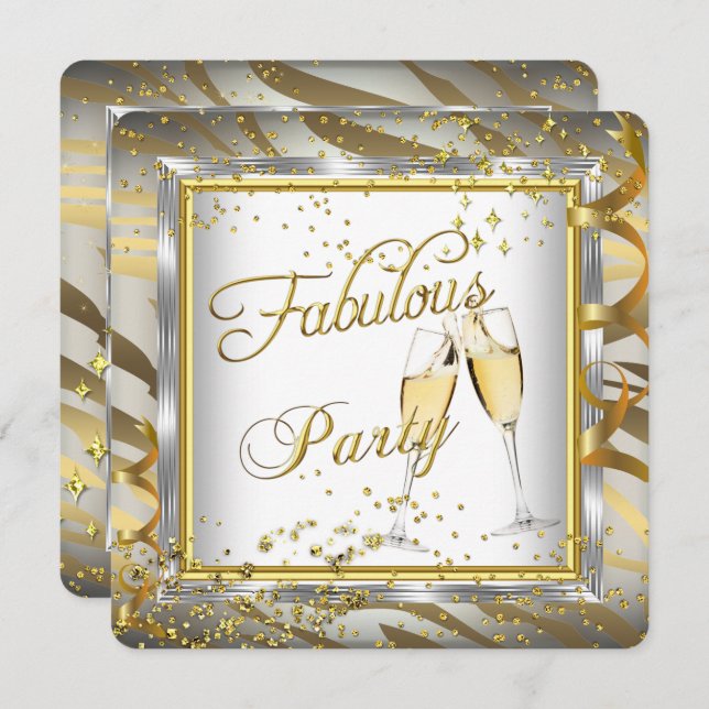 Fabulous Party Champagne Zebra Cream Guld Silver 2 Inbjudningar (Fram/baksida)