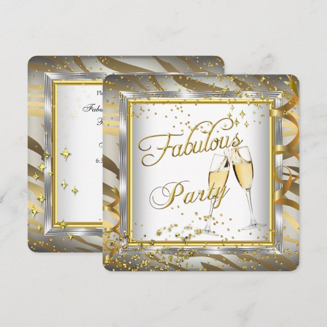 Fabulous Party Champagne Zebrastreck Guld Silver 2 Inbjudningar (Fram/baksida)