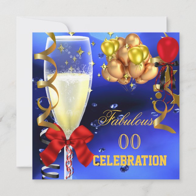 Fabulous Party Red Guld Blue Födelsedagsfest Inbjudningar (Framsida)