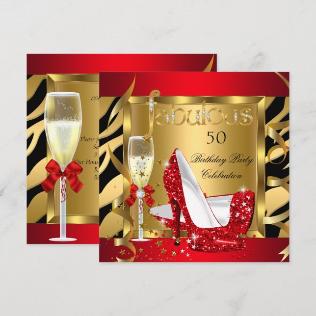 Fabulous Red Glitter Heels Zebra Champagne Party Inbjudningar (Fram/baksida)