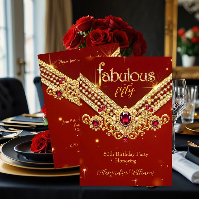 Fabulous Red Gold Diamonds Elegant Birthday Party Inbjudningar (Skapare uppladdad)