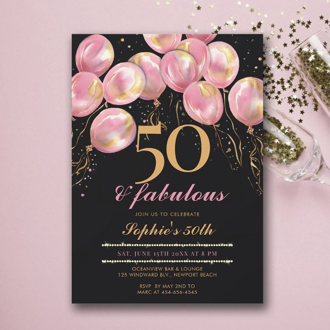 Fabulous Rosa Balloons Guld Black 50:e födelsedage Inbjudningar (50th birthday invitations for women balloons arch pink gold black calligraphy modern glam)