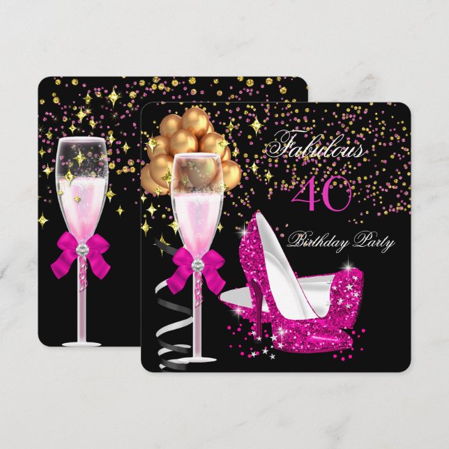 Fabulous Shock rosa Heels Guld Black Födelsedagsfe Inbjudningar (Fram/baksida)