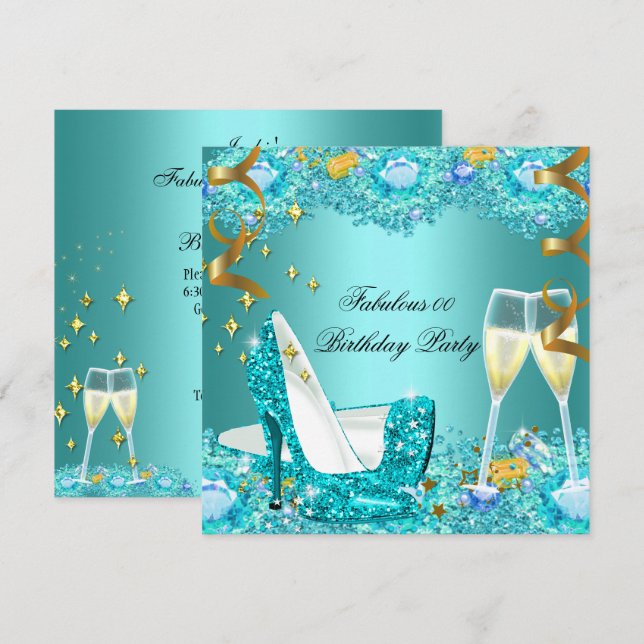 Fabulous Teal Blue Glitter Högklackar Champagne Inbjudningar (Fram/baksida)