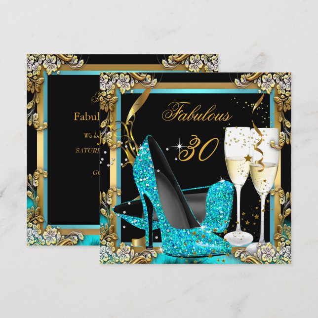 Fabulous Teal Blue Heels Black Champagne Party Inbjudningar (Fram/baksida)