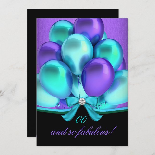 Fabulous Teal Lila Balloons Black Birthday Inbjudningar (Fram/baksida)
