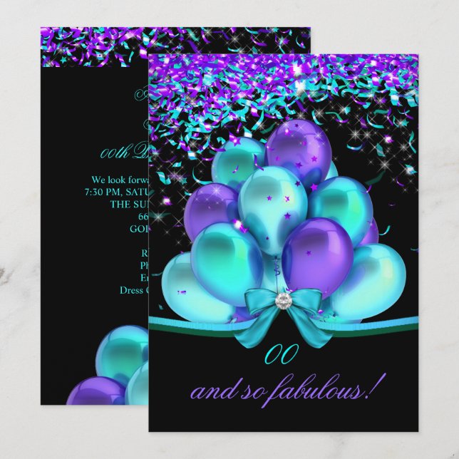 Fabulous Teal Lila Streamers Balloons Birthday Inbjudningar (Fram/baksida)
