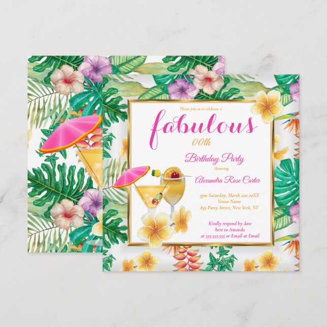 Fabulous Tropical Cocktails Flowers Party sq Inbjudningar (Fram/baksida)