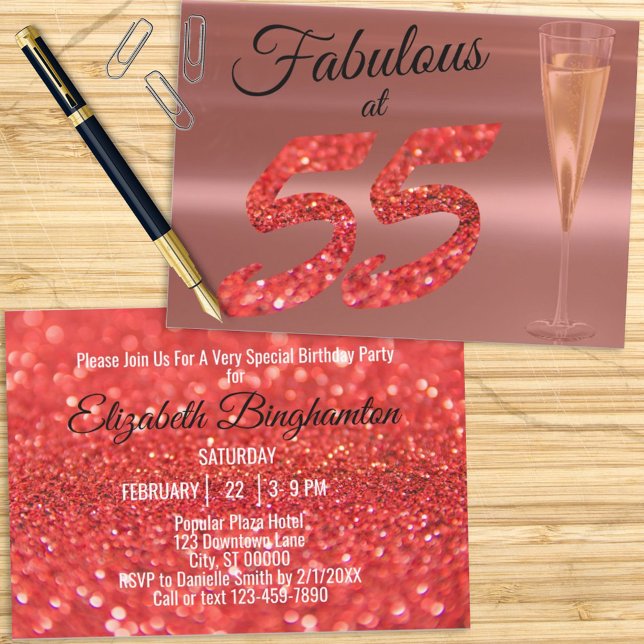 Fabulous vid 55 Birthday Coral Glitter Party Inbjudningar (Skapare uppladdad)