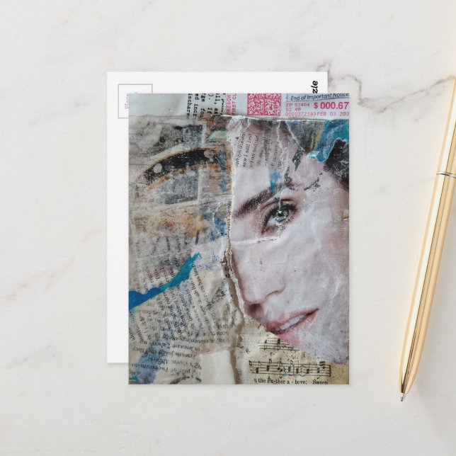 Face Abstract Mixed Media Collage Vykort (Fram/Back In Situ)