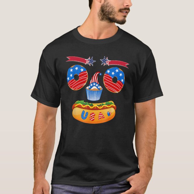 Face Funny Food Donut Cupcake Hotdog Patriotic USA T Shirt (Framsida)