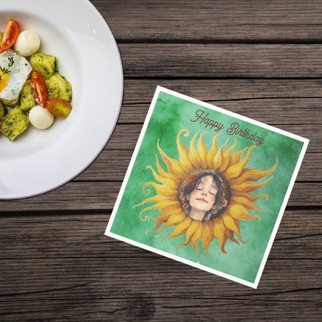 Face of Peaceful Girl Big Yellow Sunflower Green Pappersservett (Girls face brown hair in middle of yellow fancy sunflower on green Birthday paper party napkins.)
