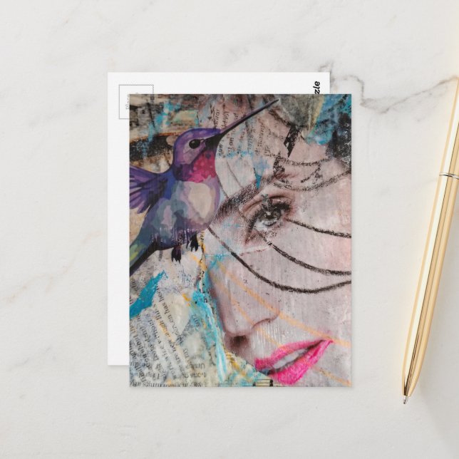 Face Random Words Hummingbird Mixed Media Collage Vykort (Fram/Back In Situ)