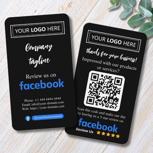 Facebook Recensionskort med logotyp och QR-kod Visitkort (Facebook business signs 5 star review,
customer feedback business cards,)