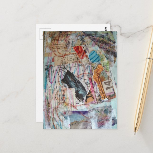 faces numbers words abstract mixed media collage vykort (Fram/Back In Situ)