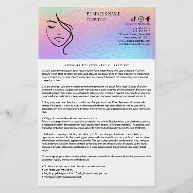 FACIAL TREATMENTS Aftercare flyer (Framsidan)