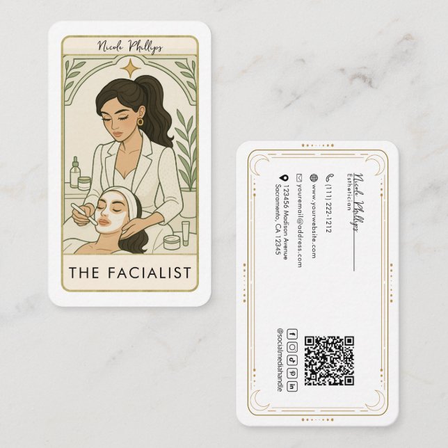 Facialist Skin Care Tarot Social Media QR Visitkort (Fram/baksida)