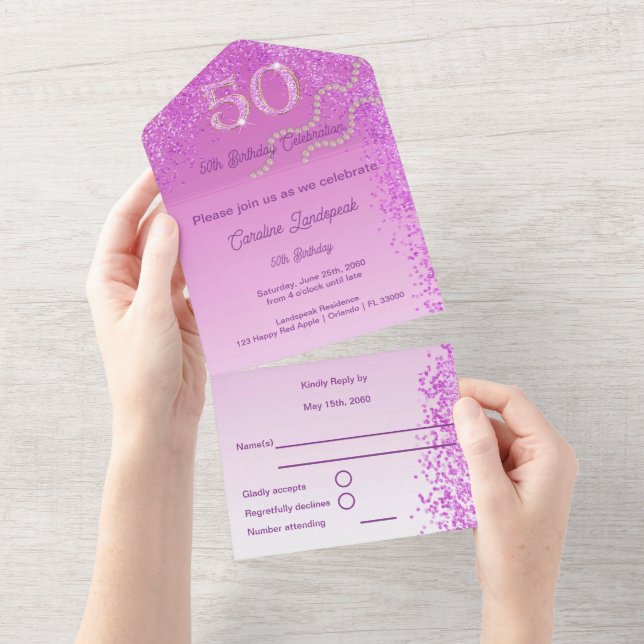 Fackande Rosa Glitter 50:e födelsedagen (Avrivbar del)