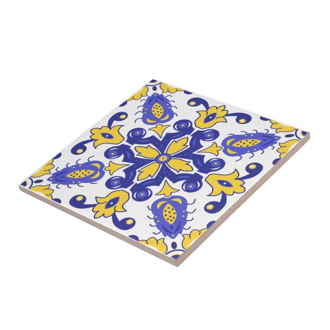 💙 Fackblå och gult Azulejos Kakelplatta (Sidan)