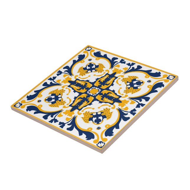 💙 Fackblå och gult Azulejos Kakelplatta (Sidan)