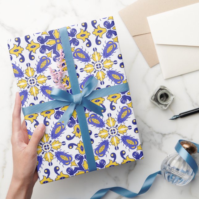 💙 Fackblå och gult Azulejos Presentpapper (Gifting)