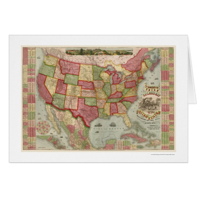 Facklig järnvägkarta 1872 för amerikan hälsningskort (Framsidan Horizontal)