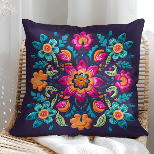 Facklig Lila och Vibrant Färg Mexikanska Blommigte Kudde