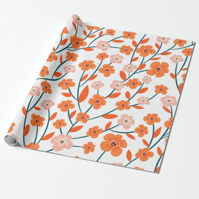Facklig orange och sömlös pastellblomma presentpapper (Utrullad)