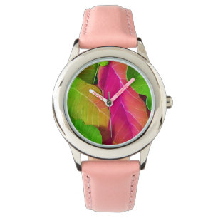 Facklig Rosa och Grönt Leafy Mönster Armbandsur