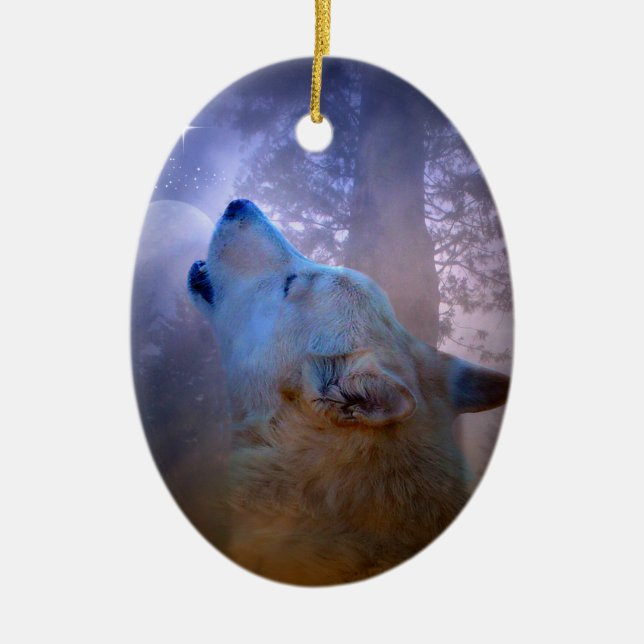 Facklig Varg och Måne Julafton Ornament (Framsidan)