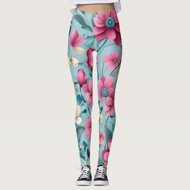 Facklig Vector Blommigt Flowers Seamless Mönster Leggings (Framsida)