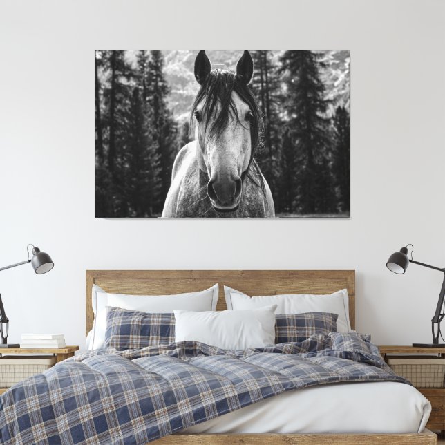 Facklig Vild Sprid Horse Black and White Canvastryck (Insitu (sovrum))