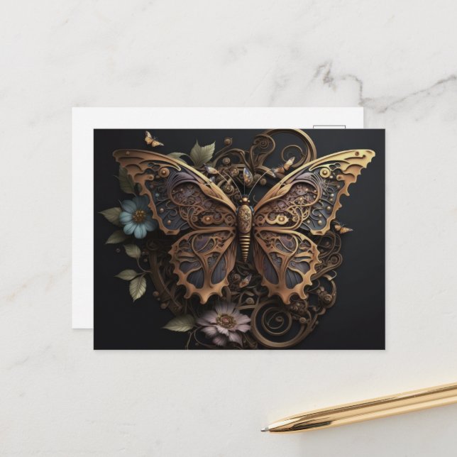 Facklig Vintage Flowers Steampunk Butterfly Vykort (Fram/Back In Situ)