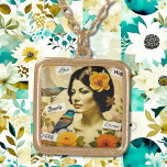 Facklig Vintage Kvinnor med fåglar och blommor Guldpläterat Halsband<br><div class="desc">Söt vintage kvinna med fåglar,  orange och gula blommor. Inspirationell ord skönhet,  hopp,  inspiration och kärlek.</div>