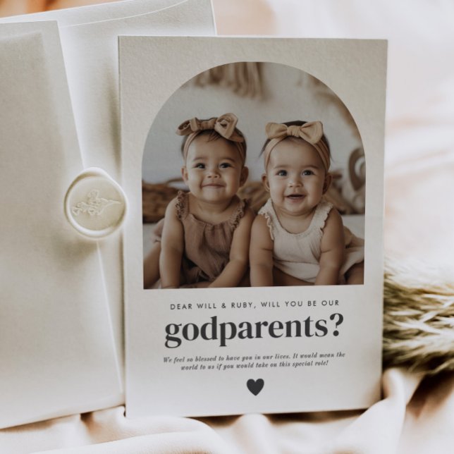 Fadder Förslag till Fotografering med Tvillingflic Inbjudningar (Zazzle Godparents Arched Photo Proposal Girl Twins)
