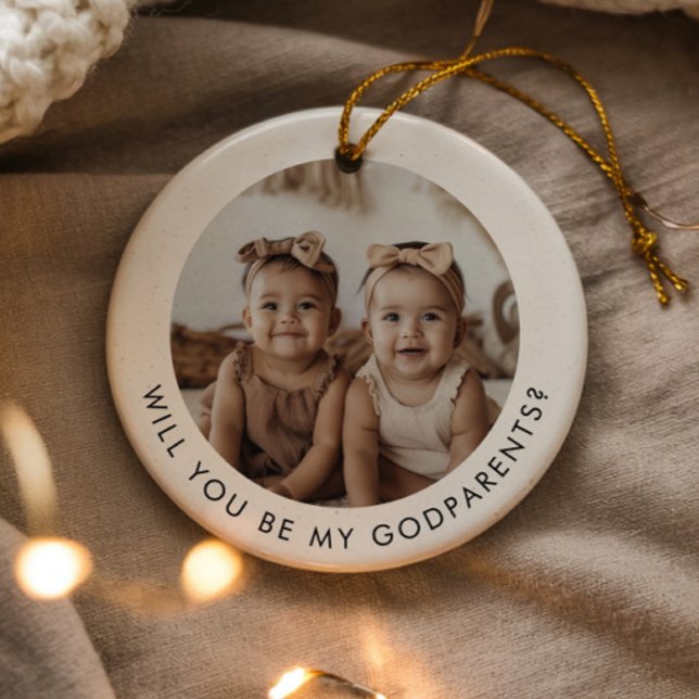 Fadder Foto Förslag Flickor Tvillingar Julgransprydnad Keramik (Zazzle Godparents Photo Proposal Girl Twins Ceramic Ornament (Front))