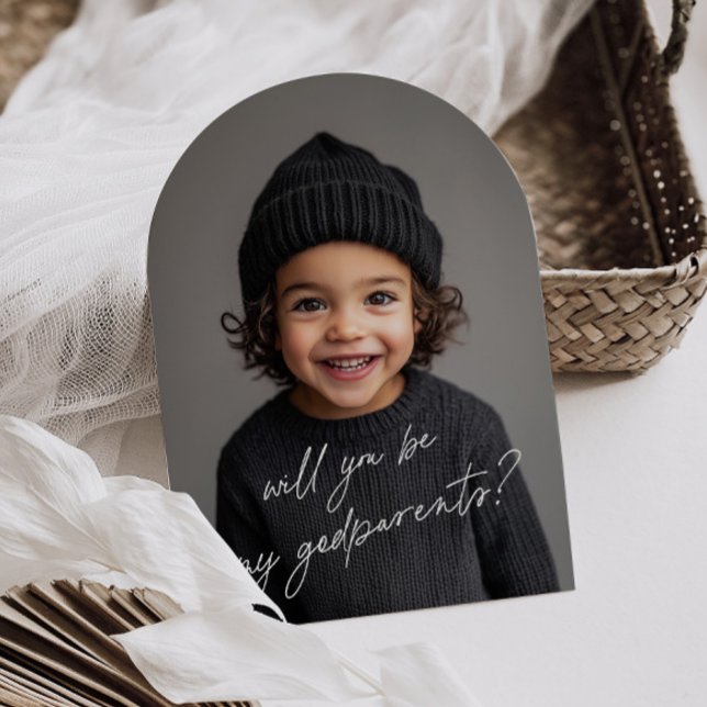 Fadderns Handskrivna Förslags Foto Ark Pojke Inbjudningar (Zazzle Godparents Handwritten Proposal Photo Arch Boy Invitation (Front))