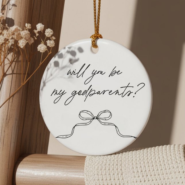 Fadders handskrivna förfrågan med båge julgransprydnad keramik (Zazzle Godparents Handwritten Bow Proposal Ceramic Ornament (Front))