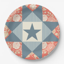 Faded Red Blue Star Quilt Block Floral